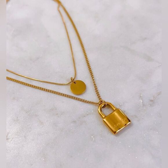 CELINE13 Women’s Lock‎ Charm Layered Necklace Stainless Steel Pouch Included - Picture 2 of 2